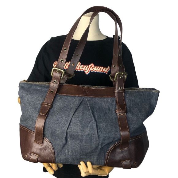 BURBERRY BLUE LABEL Denim Top Zip Shoulder Bag w/ Adj Brown Leather Straps RARE - Picture 3 of 17